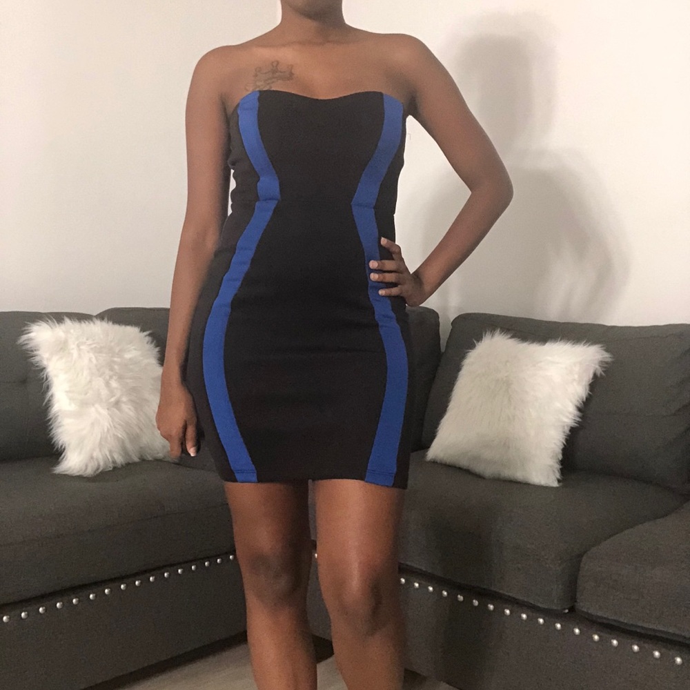 Black and Blue Strapless Mini Dress